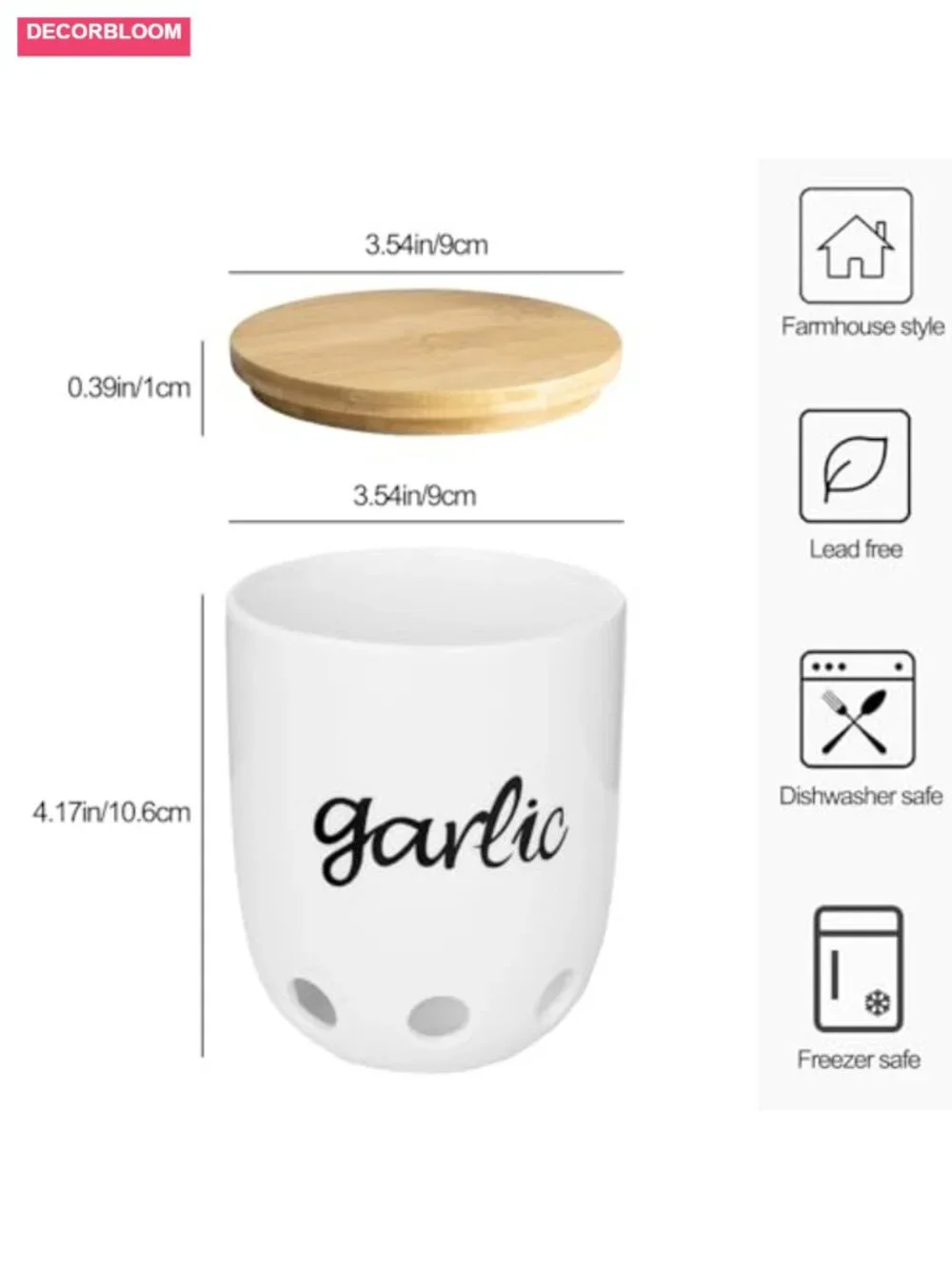 Ceramic Garlic Keeper with Wood Lid Countertop Storage
